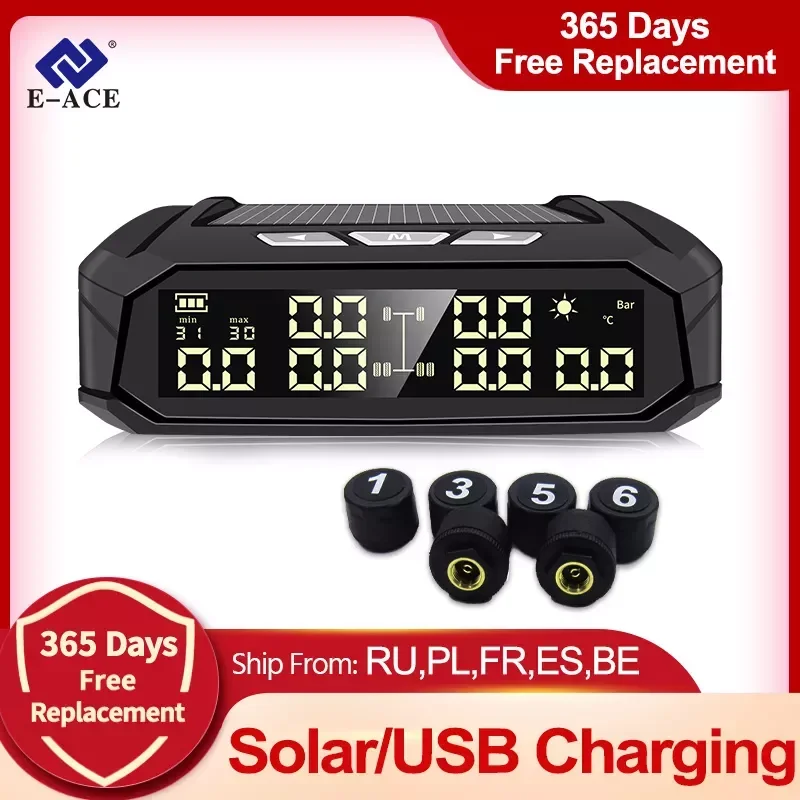 

NEW2023 E-ACE Car TPMS Tire Pressure Monitoring System Auto Display Alarm Monitoring USB Charging Temperature Alert With 6 Senso