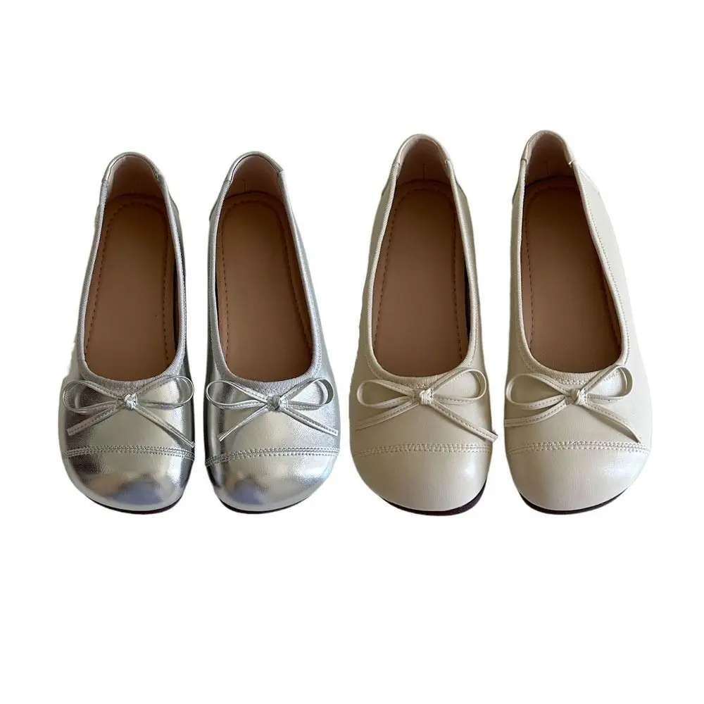 Удобные туфли Мэри с круглым носком и бантом кожаные на мягкой подошве плоской