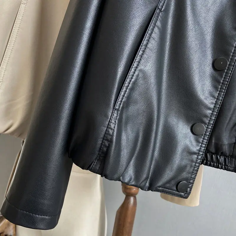 Korean Version of Fashion Plus Velvet Warm PU Female Leather Clothing Autumn and Winter Leisure Show Thin Foreign Style Leather