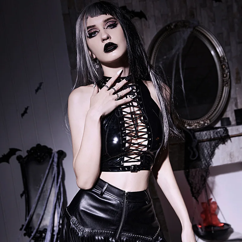 

Streetwear Women's Tank Top 2023 Summer Dark Wind Hollow Strap Hanging Neck PU Gothic Tight Small Strap Women