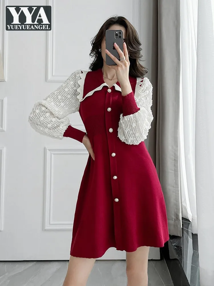 

Женское весеннее Трикотажное короткое платье в стиле пэчворк с кружевными рукавами и воротником с лацканами, однобортные офисные приталенные Элегантные платья для дам