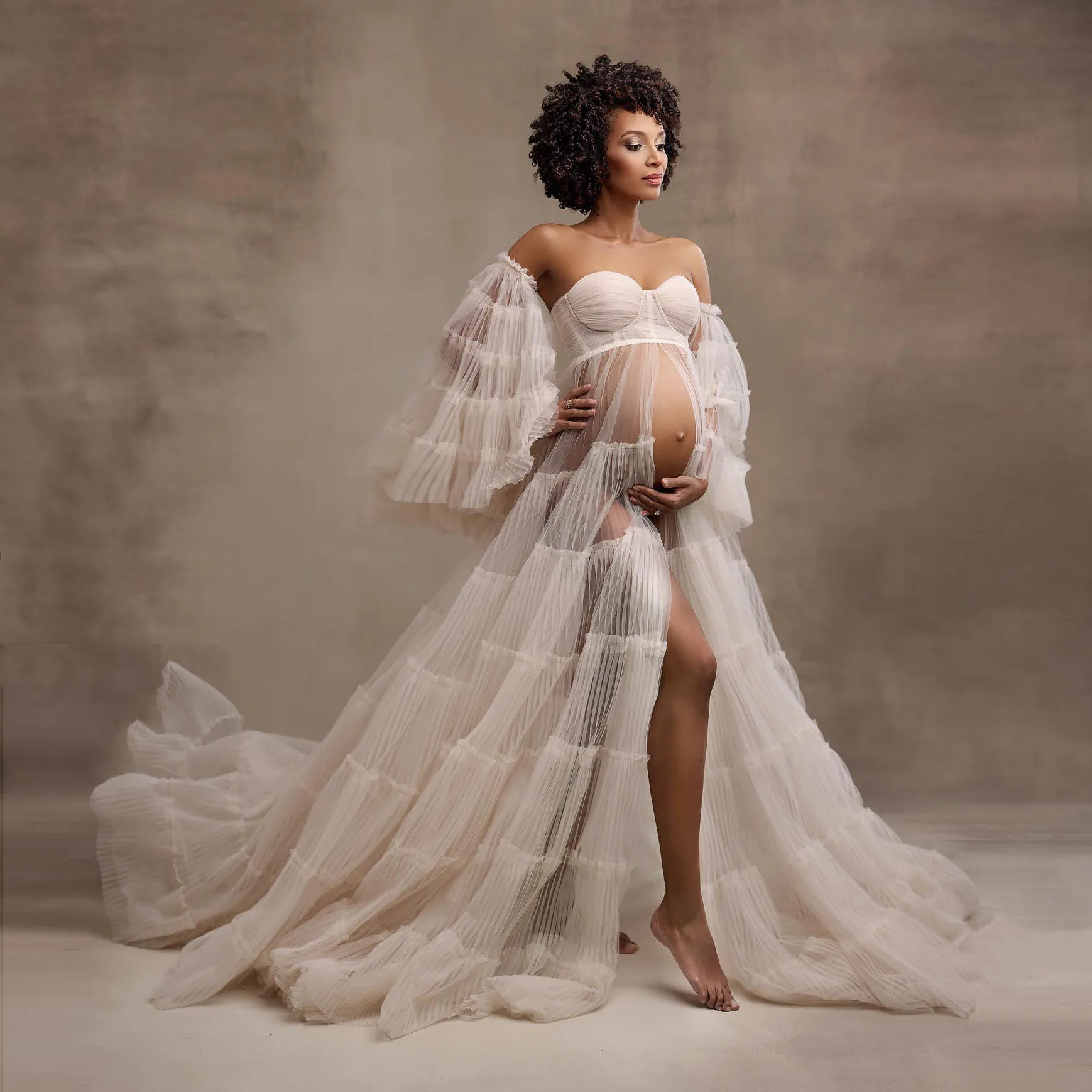 

New Arrival Beige Maternity Dresses for Photoshoot Sheer Puff Sleeves Maternity Gowns Baby Shower Dresses for Pregnant Woman