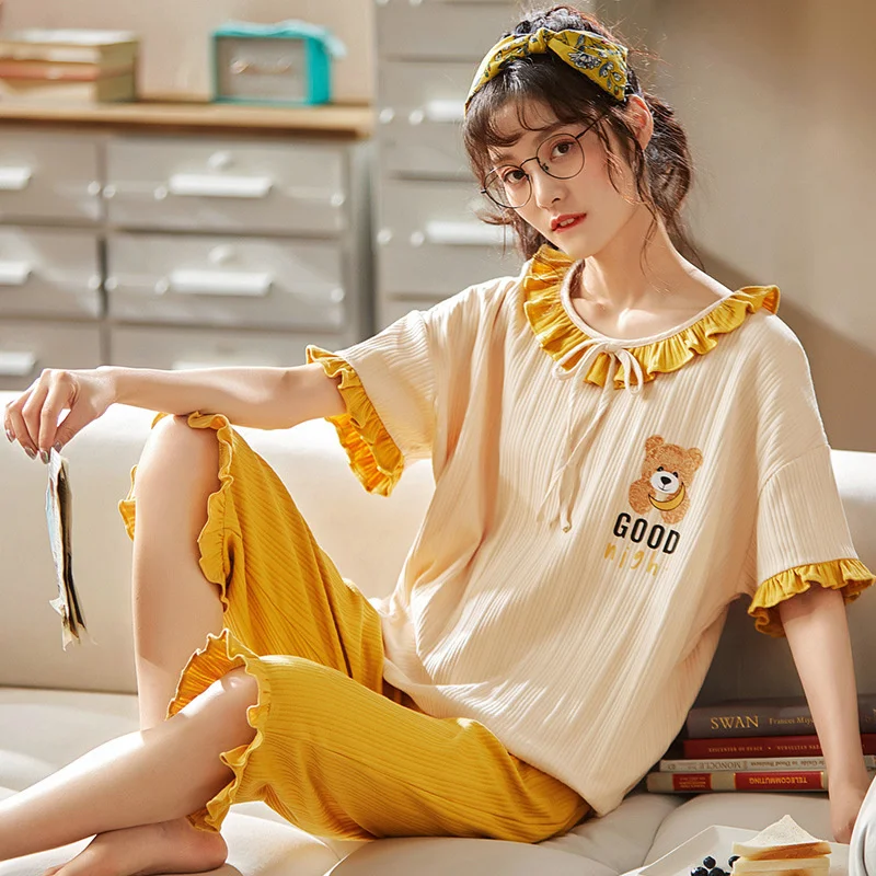 Cotton Pajama Sets Women Two Piece Short Sleeved Clouds Printing Knitted Homewear Pajamas Sets Pyjamas Ladies Sleepwear Pijamas