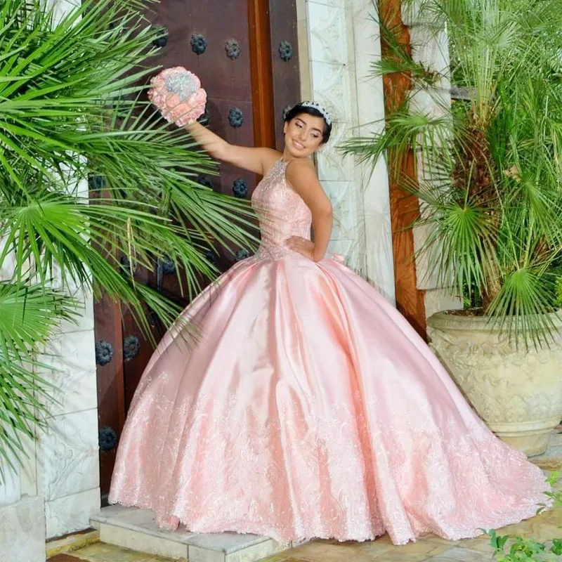 

Pink A-Line Princess High Neck Tulle Backless Quinceanera Ball Gown Beaded Empire Long Plus Size Prom Evening Dress Vestido de