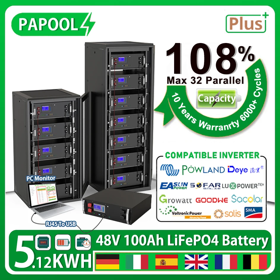48V 100Ah 200Ah LiFePO4 Battery Pack 51.2V 5.12Kw 6000 Cycles 32 Parallel CAN RS485 BUS 108% Capacity Lithium Ion Battery NO TAX
