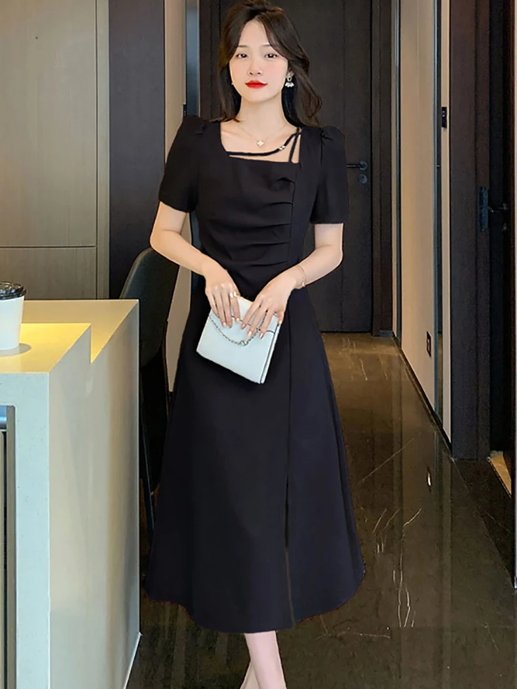 Black Short Sleeve Pleated Square Collar Midi Dress Women Summer Pink Chic Slit Dress 2023 New Fashion Elegant Office Lady Dress