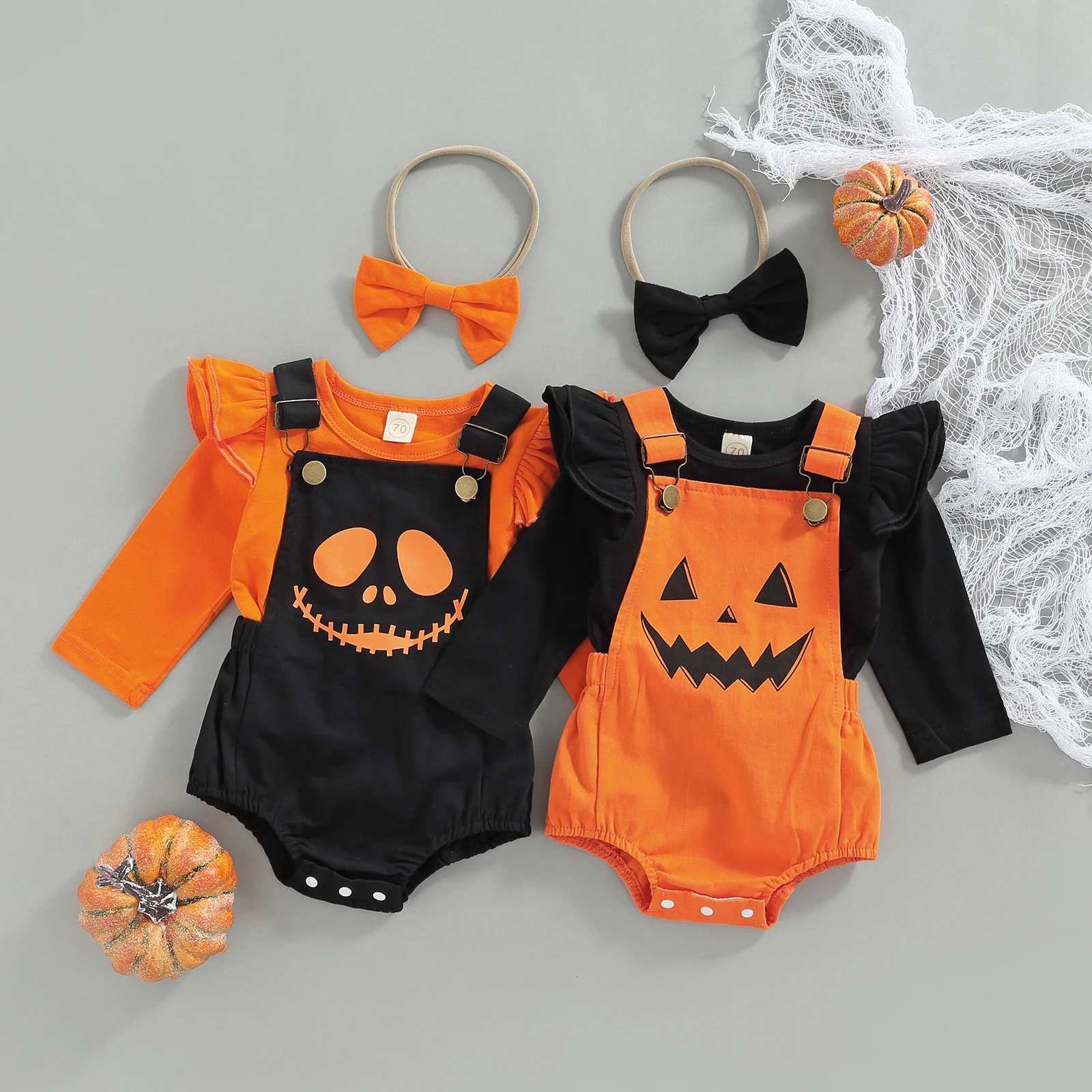

Bmnmsl Halloween Baby Girls Outfit, Solid Color Fly Long Sleeve Ribbed Tops + Pumpkin/Ghost Printing Suspender Romper + Headwear
