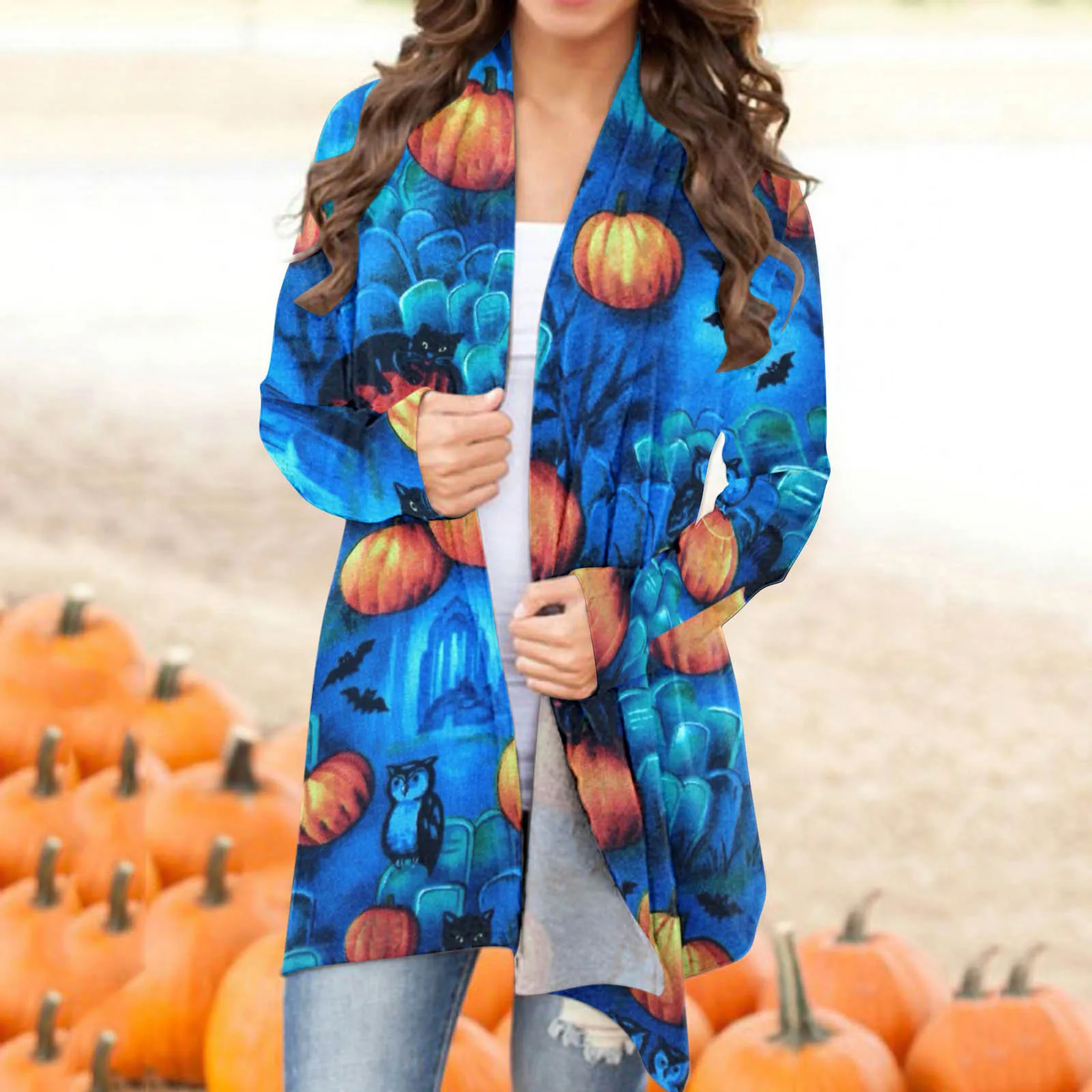 

Cardigan Top For Women Halloween Casual Blouse Animal Cat Pumpkin Print Cardigan Coat Long Sleeve Tops Women Coats Winter Pink