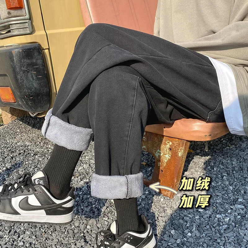 Winter Fleece Thickened Jeans Men Warm Fashion Casual Straight Jeans Men Streetwear Loose Thick Denim Pants Mens Trousers S-2XL