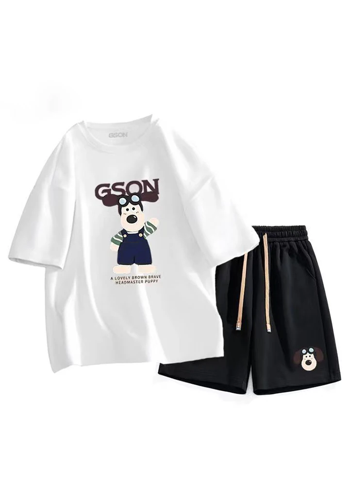 2023 New Men Women 100% Cotton Summer Suit Short Sleeve American Style Printing Master Dog T-Shirt Oversized Leisure Shorts Tee