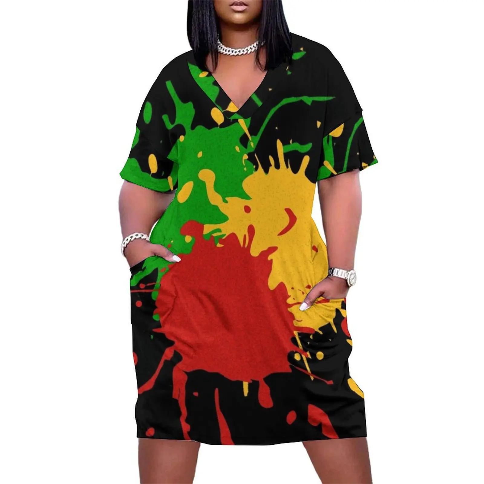 Женское свободное платье Rastafari Colors - Splashes зеленый желтый красный