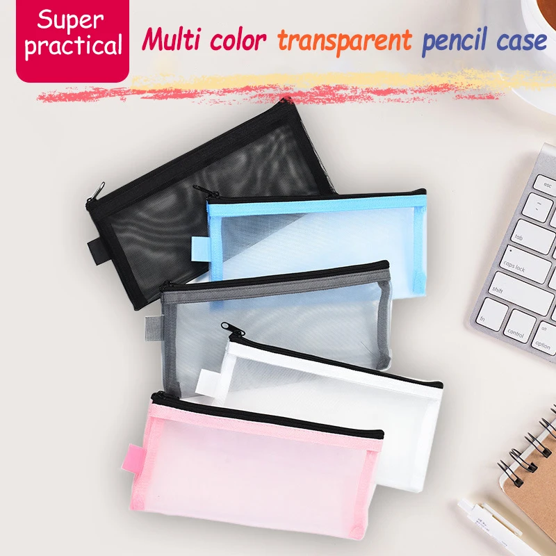 

1Pc Transparent Mesh Pencil Case Office Student Pen Bag Pen Box Bill Storage Bag
