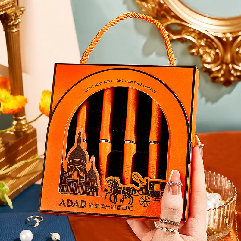 

Light mist soft light fine tube lipstick set box 4 pieces Leather Orange Rotten tomato color Lipstick suit