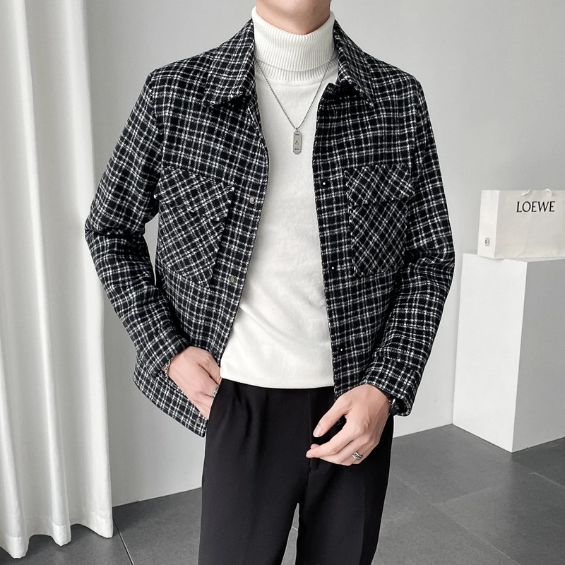 

Autumn Winter Men's Slim Short Woolen Coats Men Streetwear Casual Jackets Male Long Sleeve Plaid Wool Blends Outwear