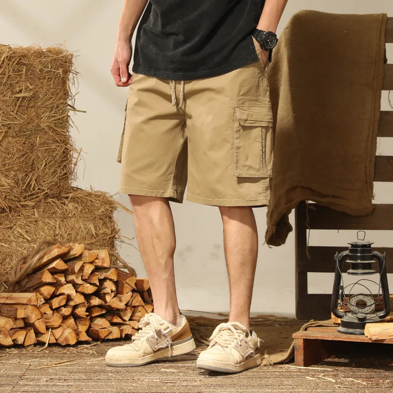 

Summer Men's Cargo Shorts Drawstring Multi Pockets Straight Work Khaki Bermuda Short Men Loose Cotton Casual Shorts Pants