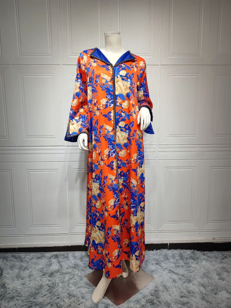 Women Abaya Kaftan Dubai Luxury Long Dresses Elegant Casual Floral Print Diamonds Navy Collar Satin Dress Gorgeous Party Style