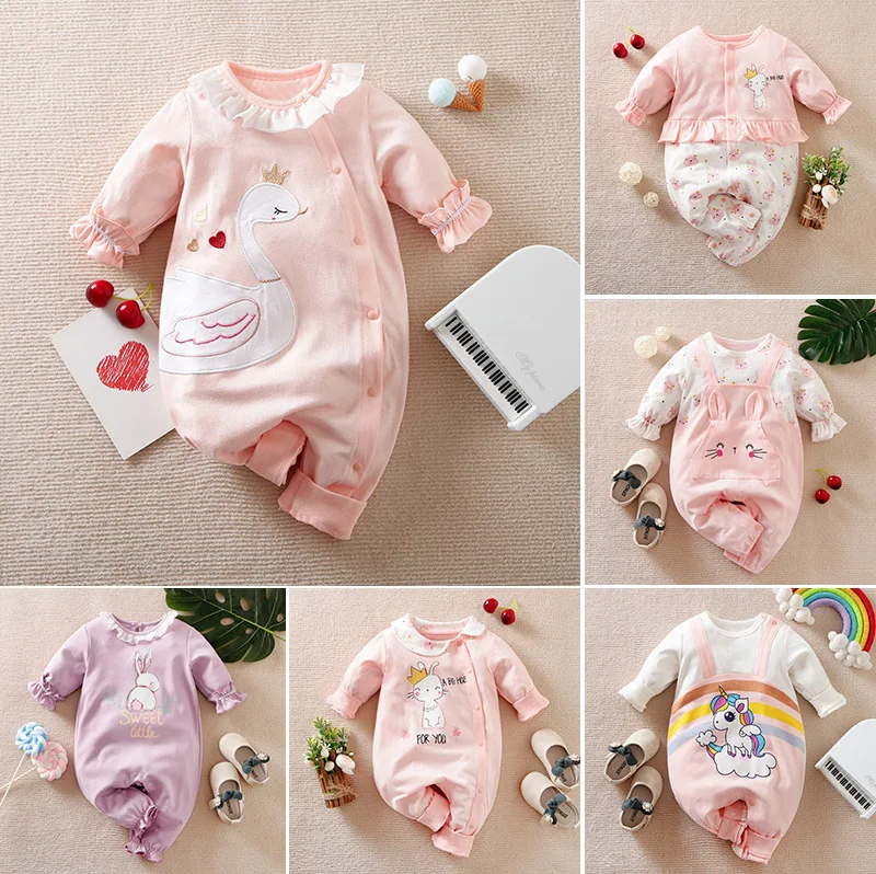 New Spring Autumn Children's Wear Baby Girl Clothes Pink One-piece Climbing Suit Baby Onesie Newborn Baby Clothes