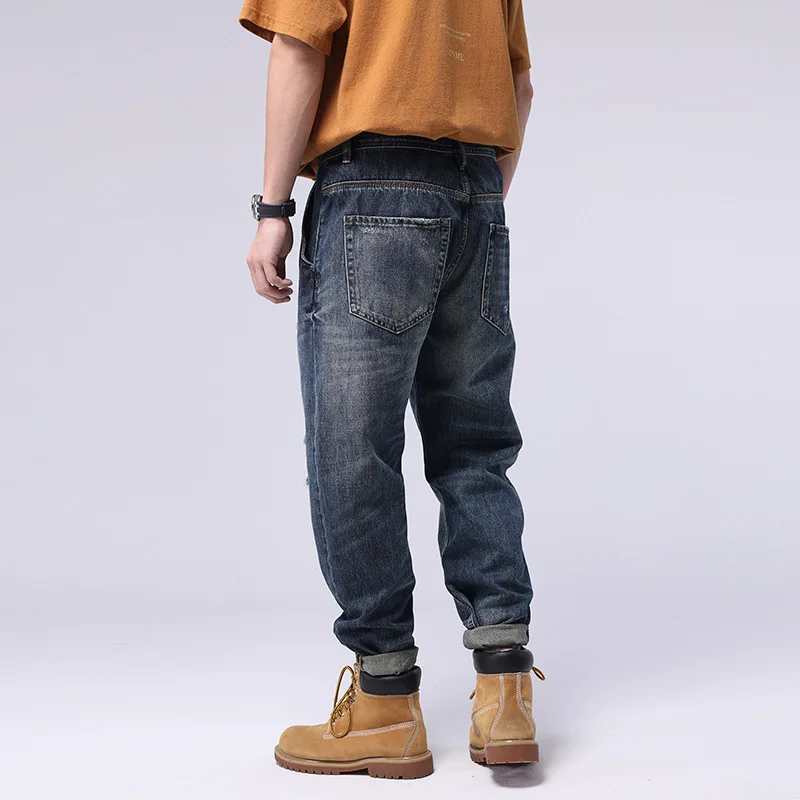 Ripped Loose Baggy Jeans Men Streetwear Wide Straight Leg Distressed Oversize Pants Blue Wash Plus Size Jean Homme 36 38 40