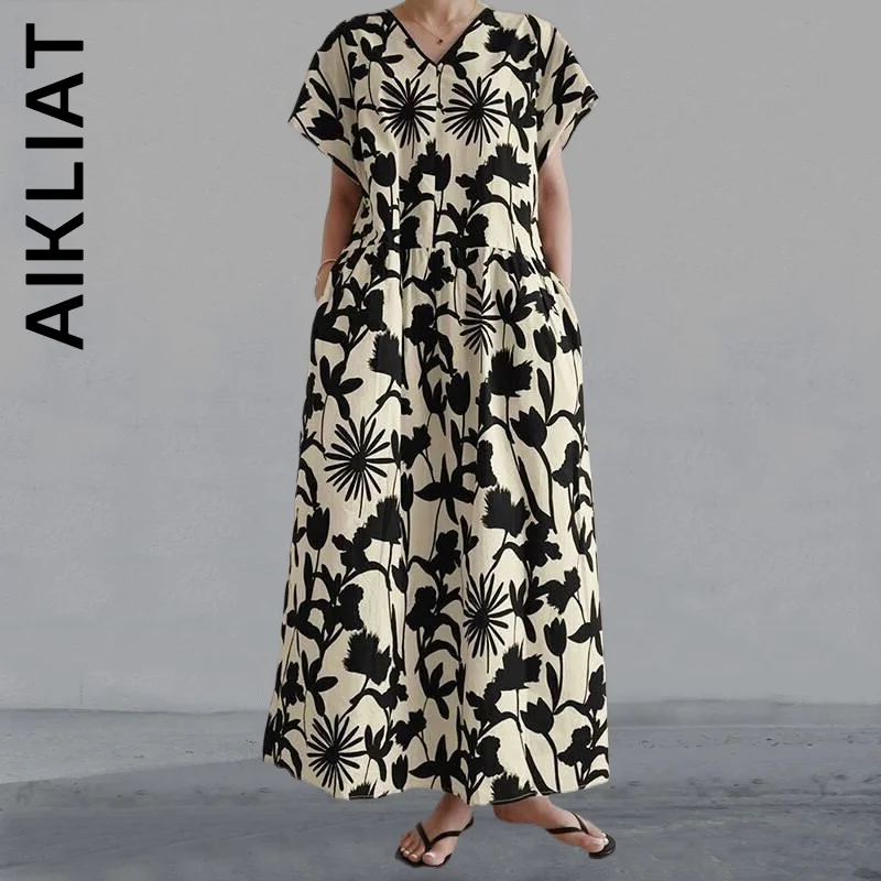 

Aikliat Dress Women Short Sleeve Spring Autumn Kaftan Sundress Maxi Dress Robe Girl Loose Club Vestidos Dress Woman Female