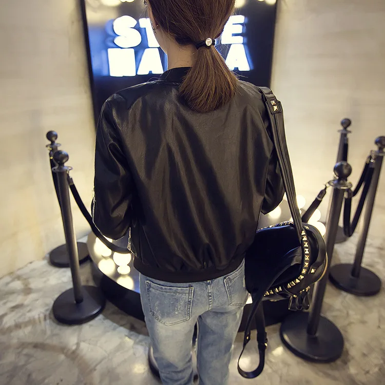 Zipper Round Neck PU Leather Jacket Long Sleeve  Slim Jacket Slim Skinny Vintage Fashion Jaqueta Feminina  WomenAutumn Winter