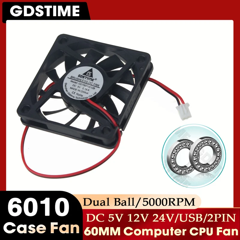 Фото Вентилятор GDSTIME 60 мм, 24В/12В, 60x60x10 мм, для охлаждения ЦП, USB-вентилятор 5В, 6010, для корпуса ПК, охлаждения графического процессора, бесщеточный вентилятор 6 см №1