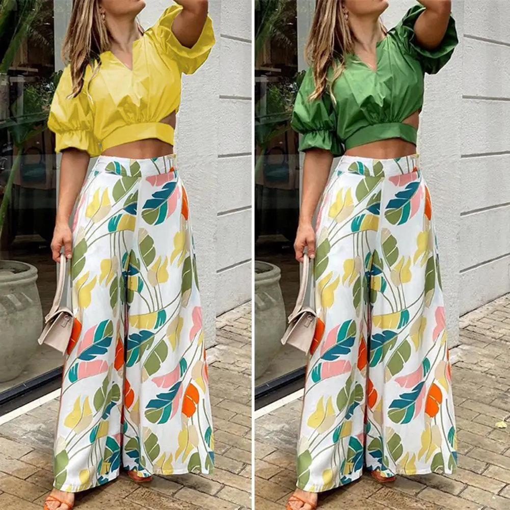 

2Pcs/Set Women Outfit Sexy V-neck Short Sleeved Hollow Out Blouse Simple Colorful Leaf Print Pants Set Summer Female Clothing