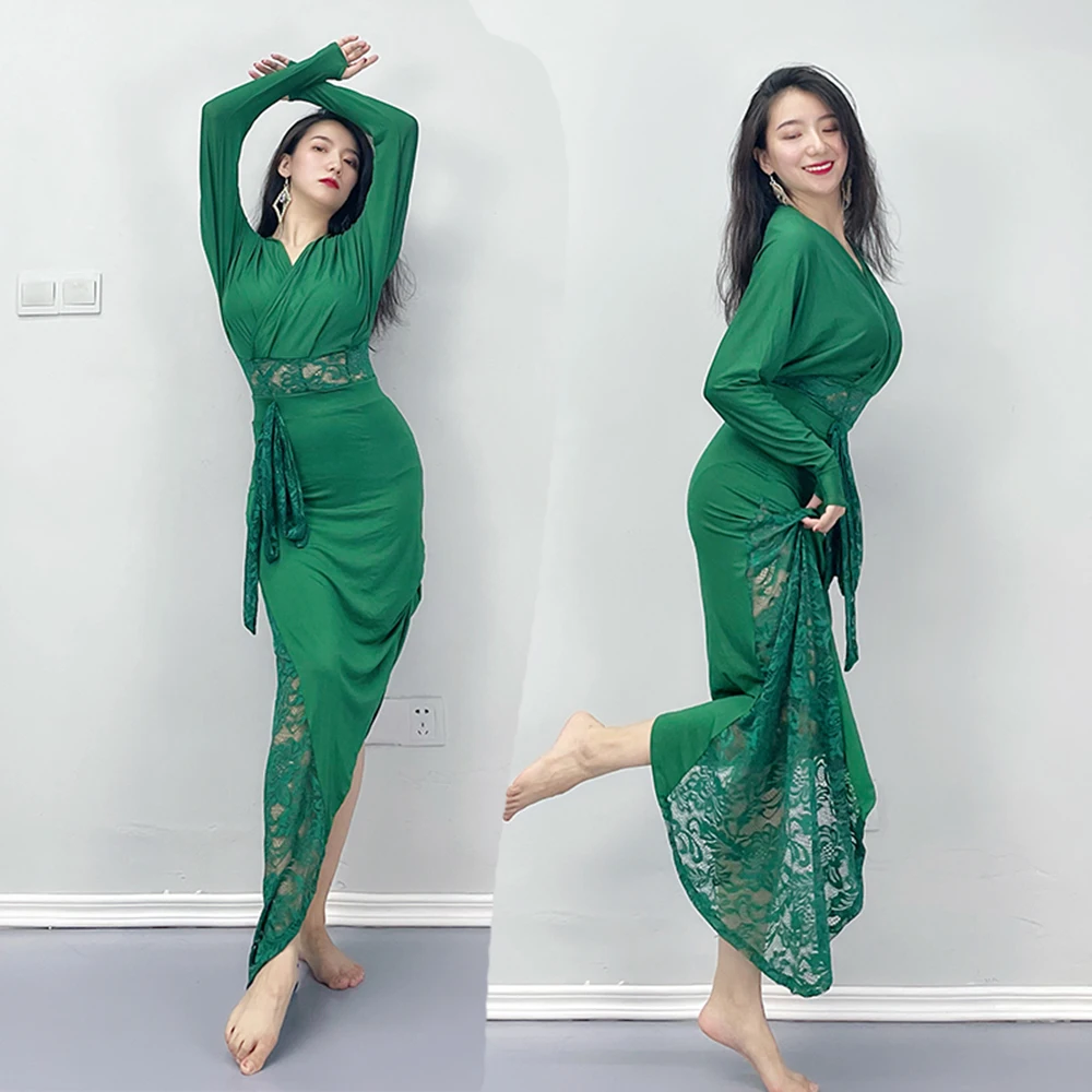 

Тренировочная одежда для танца живота 2022, осенне-зимнее платье «летучая мышь» с длинными рукавами и кружевом, сексуальное облегающее женское платье с толстым зеленым животом