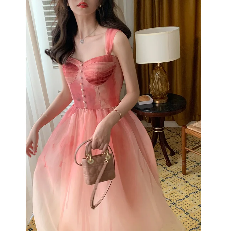 

Long Dress Women Tie Dye Party Sweet Dresses Summer Elegent Sexy Beach Dresses A-line Vintage Korean High Waist Goddess Dress