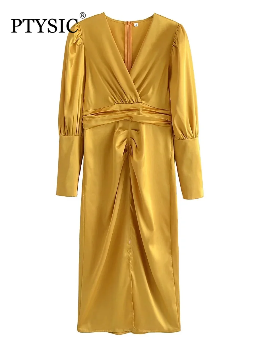 

PTYSIC женское модное с золотым разрезом атласное прямое платье со складками 2022 летнее платье с длинным рукавом на молнии сзади с V-образным вы...