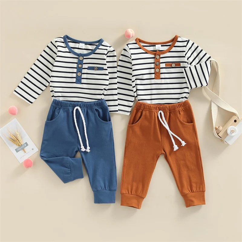 

Baby Boys Spring Autumn Outfits Long Sleeve Crew Neck Stripes T-shirt with Elastic Waist Pants for Infant 0-18 Months