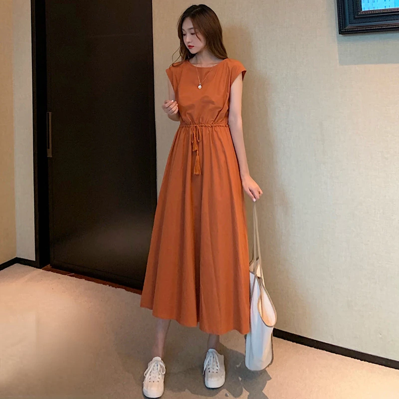 

Temperament Literary Artistic Waistband A-line Middle Length Dress 2023 Summer Sleeveless Japan Solid Cotton Linen Dresses