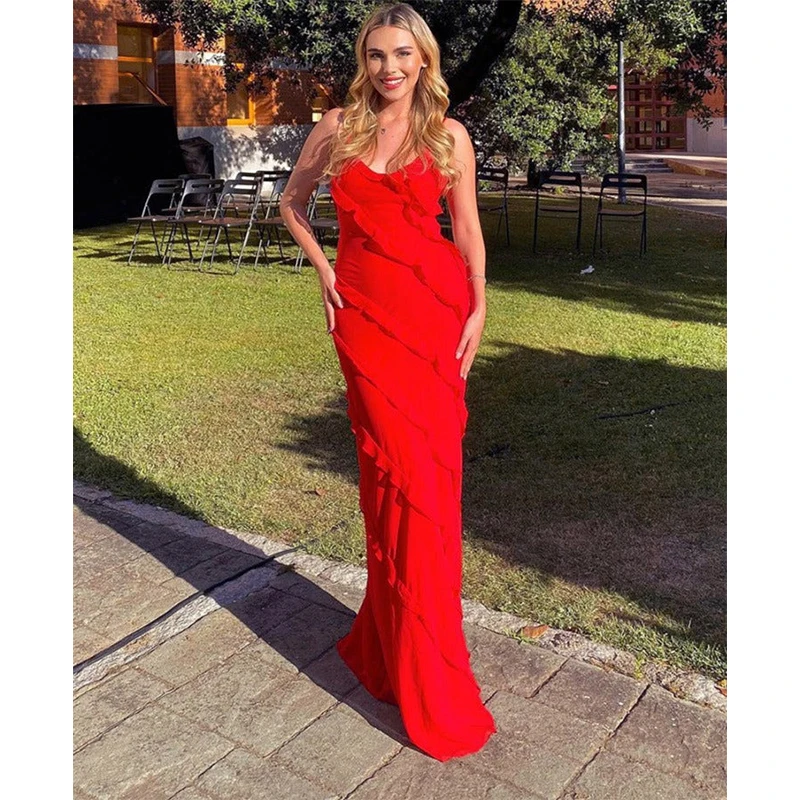 

Sexy Camisole Split Slim Long Dresses Elegant Ruffles Backless V-Neck Midi Dress For Women 2023 Summer Lady Club Party Dress