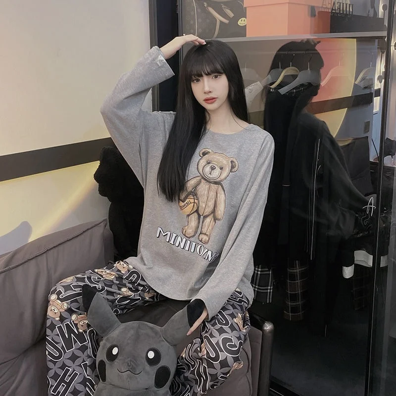 QWEEK Pajama Set Women Sleepwear Kawaii Bear Couples Pijamas Spring Autumn Nightwear Same Style for Men and Female Loose Pyjamas
