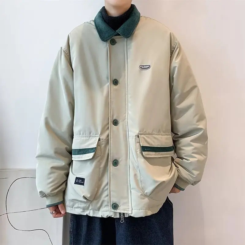LUCLESAM Men's Contrast Color Lapel Coat Thicked Padded Jacket Autumn Winter New Retro Trend Loose All-match Man Cotton Jackets
