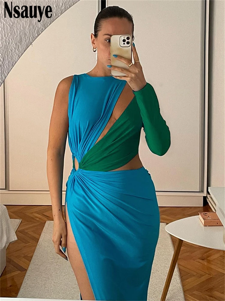 

Nsauye 2022 Sexy Elegant Evening Party Long Cut Out Bodycon Women Clothes Dress Autumn One Shoulder Patchwork Maxi Dress Club