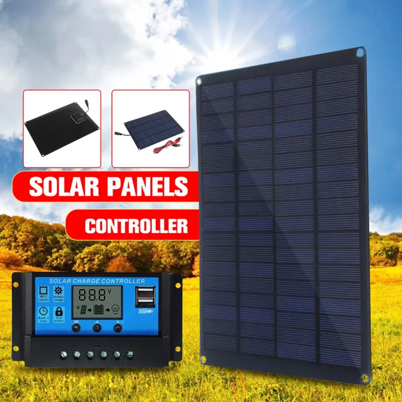 

20W 12V 18V Solar Panel with battery Clip and 20A Solar Car Charger Controller Waterproof Solar Cells for Outdoor Camping Hiking