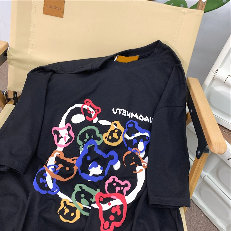 Футболка женская с коротким рукавом милая Свободная рубашка принтом медведя в