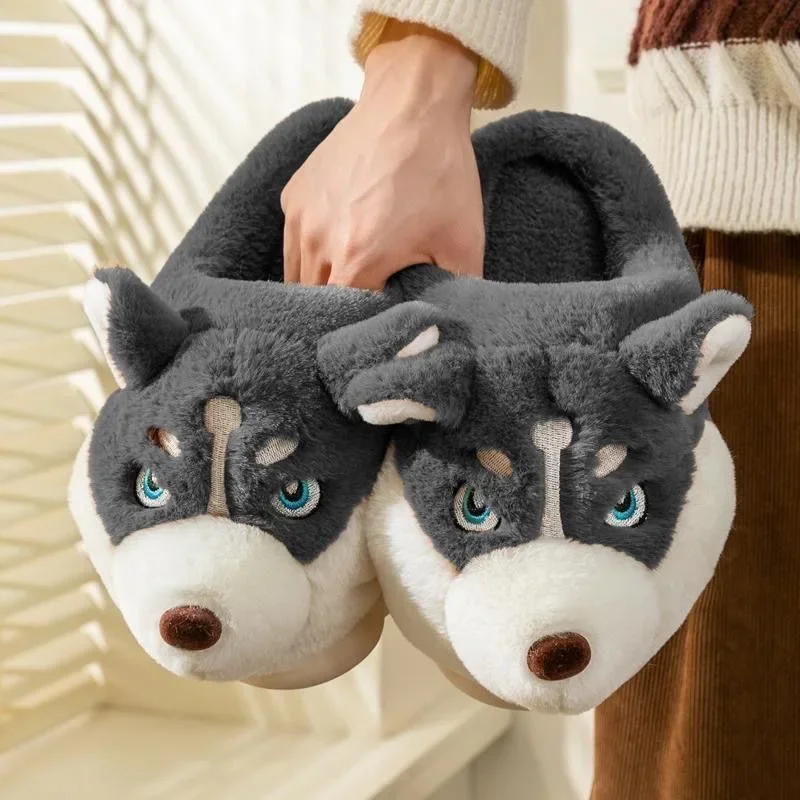 Women Indoor Cotton Slippers Cute Cartoon Dog Winter Warm Shoes Couples Home Floor Slides Anti-slip Female Male House Footwear