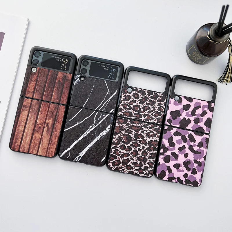 

moskado Fashion Marble Texture Leopard Print Wood Grain Phone Case For Samsung Galaxy ZFlip3 Bumper Hard PC Back Cover Conque