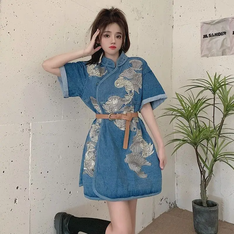 

Платье-Ципао из хлопка и льна в китайском стиле женское, короткое платье с косыми лацканами и синим принтом для маленьких девочек