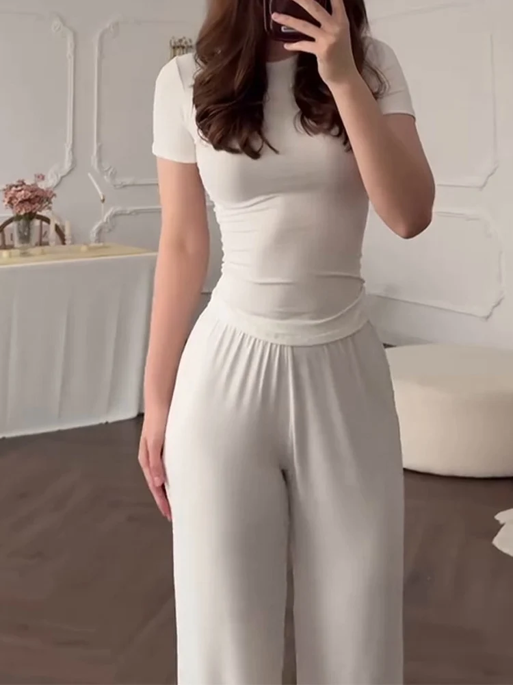 Повседневные длинные брючные костюмы женская футболка с круглым вырезом и