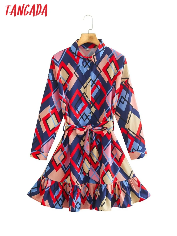 

Tangada 2022 Fashion Print Ruffles Shirt Dress With Slash Long Sleeve Female Short Dresses 8Y103