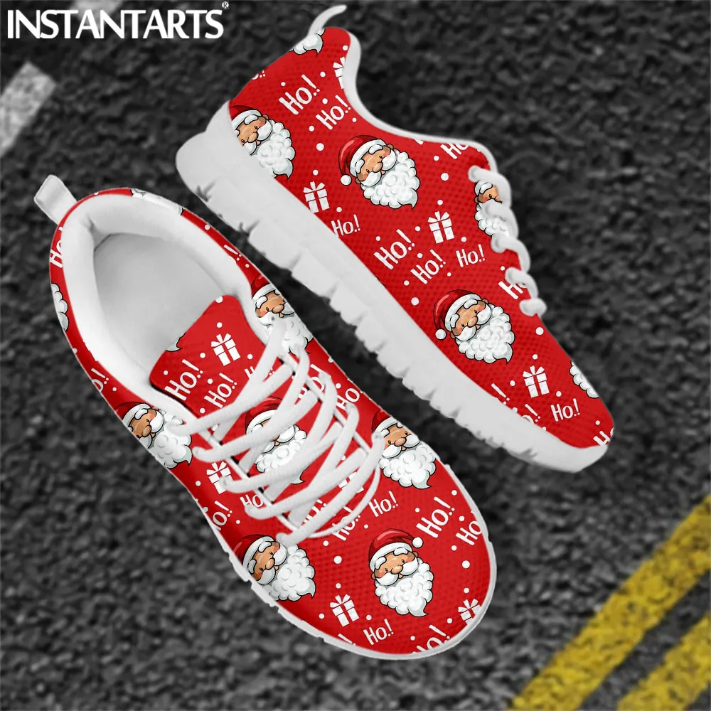 

INSTANTARTS Woman Shoes Casual Breathable Athletic Tennis Sneakers Christmas Hat Santa Claus Print Mesh Flats Footwear Xmas Gift