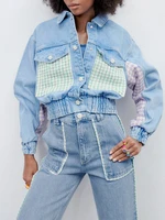 2022 spring denim coat women woolen patchwork single breasted jeans jacket high elastic waist fashion streetwear