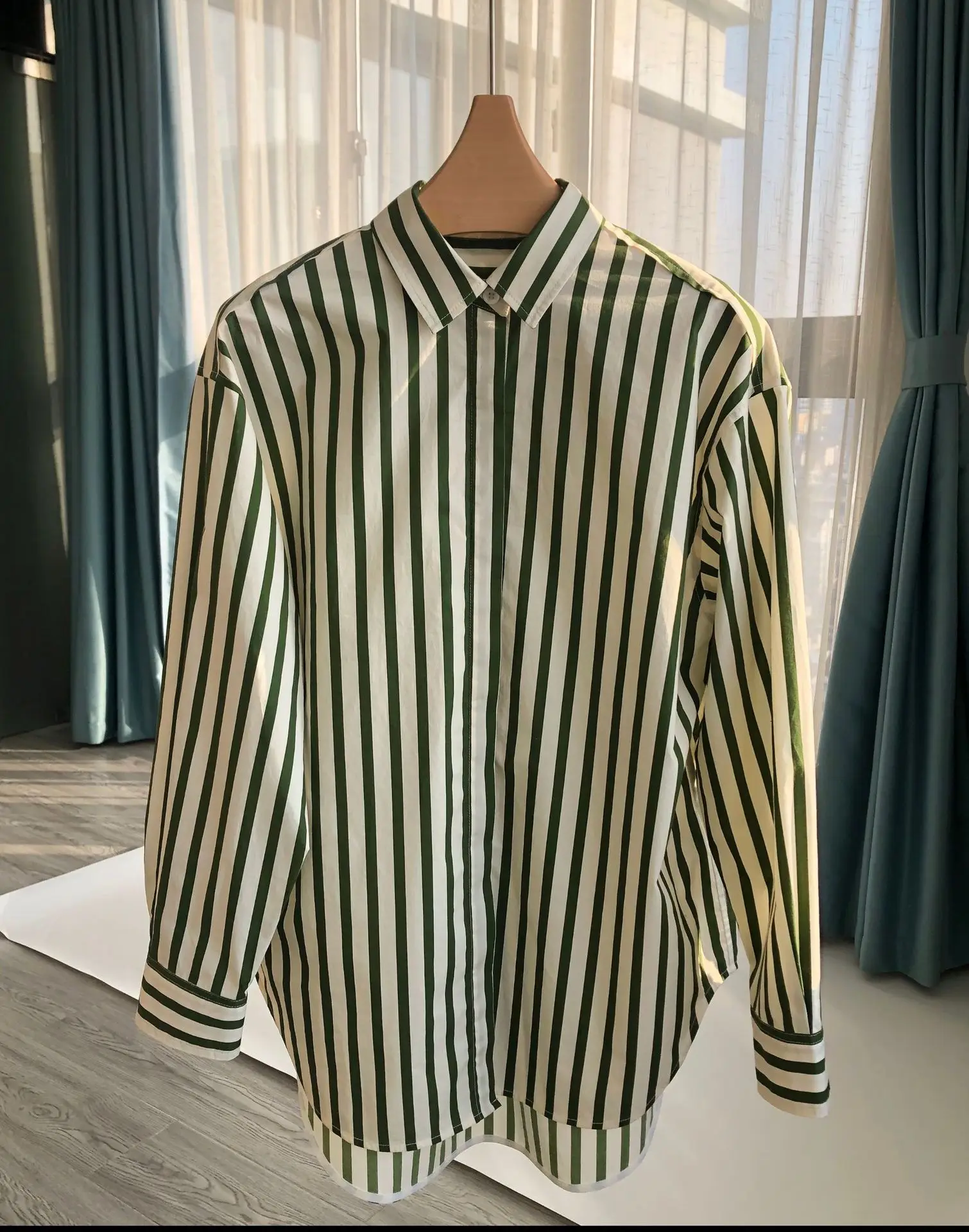 Autumn Fashion Green Striped Shirt Female Embroidery 100% Cotton Long Sleeves 2022 Vintage  Loose Clothes Womens Tops and Blouse