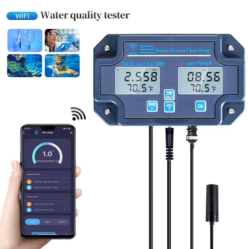 6 in 1 Digital Water Analyzer PH/EC/TDS/Salt/Gross Weight/Temperature APP Remote No Recording Online WiFi Water Quality Monitor