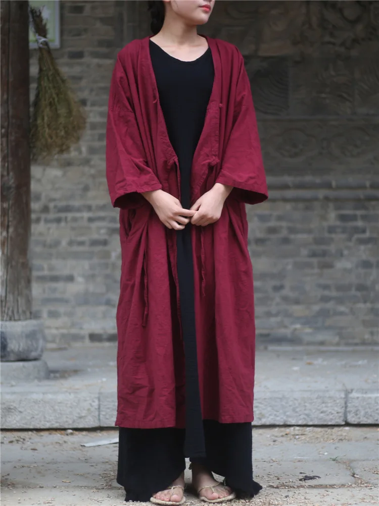 Женский льняной тренчкот на пуговицах винтажный свободный в китайском стиле с