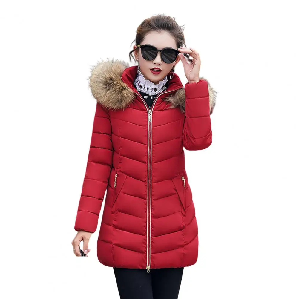 Winter Cotton Coat Solid Color Furry Hat Edge Zipper Mid Length Thicken Cold-proof Padded Long Sleeves Winter Coat for Daily Wea