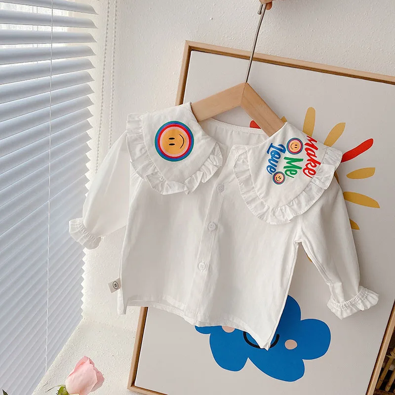 Enlarge Smile Kids Base Tops Spring Kids Graphic Shirts Long Sleeve Girls White Blouses Toddler Peter Pan Collar Chemise Fille Hemden