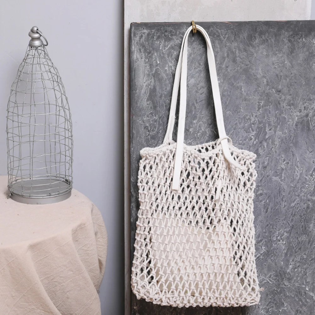 

Women's Hollow Woven Bag Forest Grass Holiday Handmade Straw PU Leather Rope Cotton Mesh Beach Totes Reusable Shopping Handbag